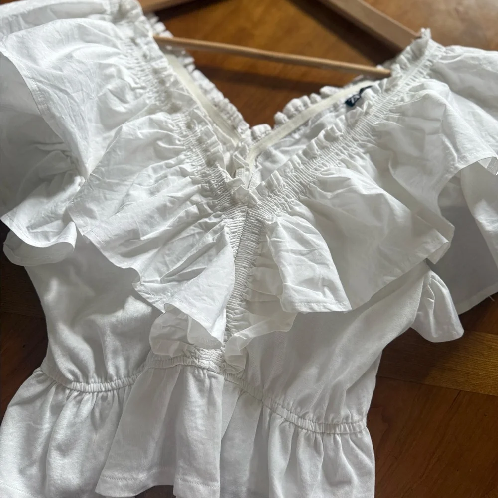 Zara White Off-Shoulder Ruffle Blouse, 100% cotton - Picture 4 of 9